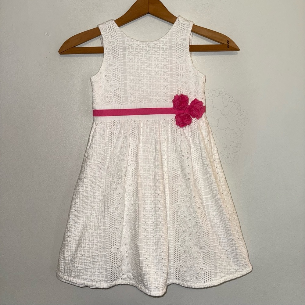 Lilly Pulitzer Girls White Lace Dress with Pink Rosettes and Trim Size 5